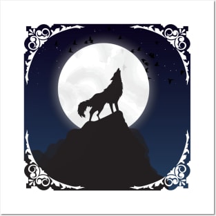 Moon and Wolf Silhouette Art Posters and Art